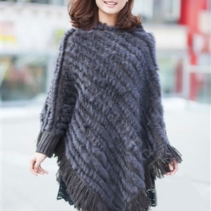 Woman Fashion Genuine Knitted Rabbit Fur Poncho Winter Warm Wraps Hooded Shawls - Grey