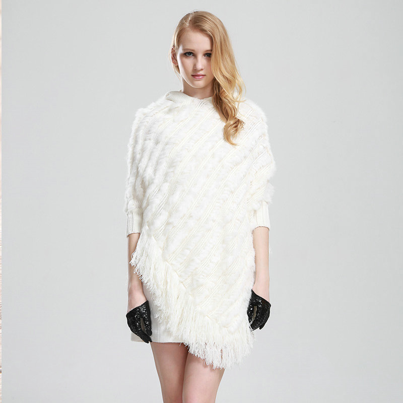 Woman Fashion Genuine Knitted Rabbit Fur Poncho Winter Warm Wraps Hooded Shawls - White