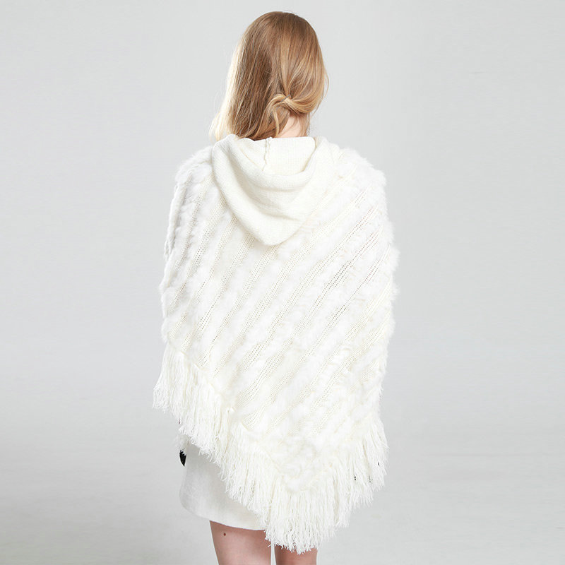 Woman Fashion Genuine Knitted Rabbit Fur Poncho Winter Warm Wraps Hooded Shawls - White