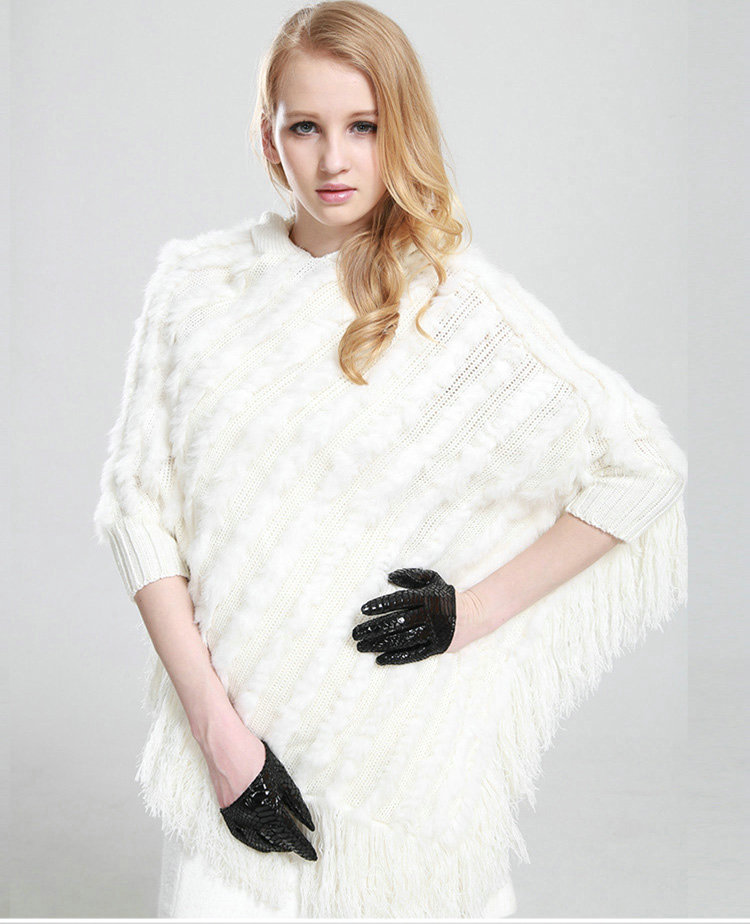 Woman Fashion Genuine Knitted Rabbit Fur Poncho Winter Warm Wraps Hooded Shawls - White