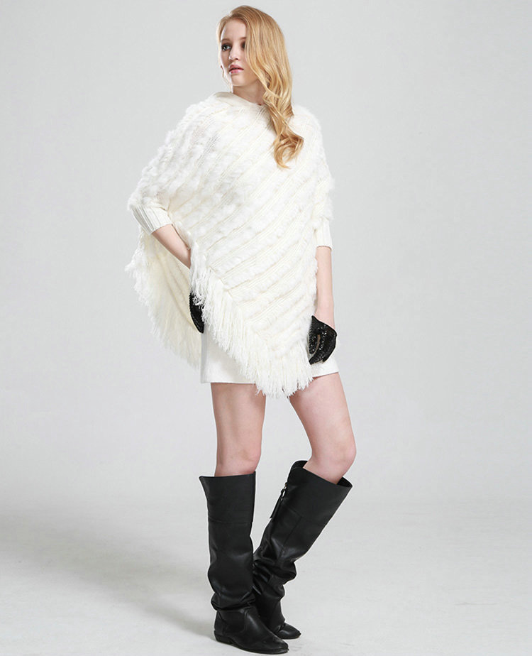 Woman Fashion Genuine Knitted Rabbit Fur Poncho Winter Warm Wraps Hooded Shawls - White