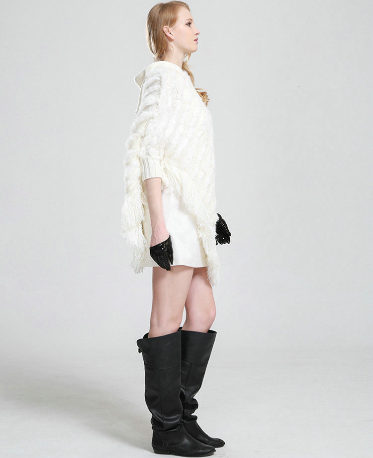 Woman Fashion Genuine Knitted Rabbit Fur Poncho Winter Warm Wraps Hooded Shawls - White