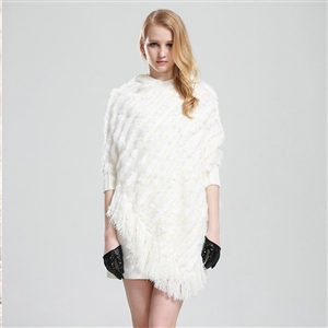 Woman Fashion Genuine Knitted Rabbit Fur Poncho Winter Warm Wraps Hooded Shawls - White