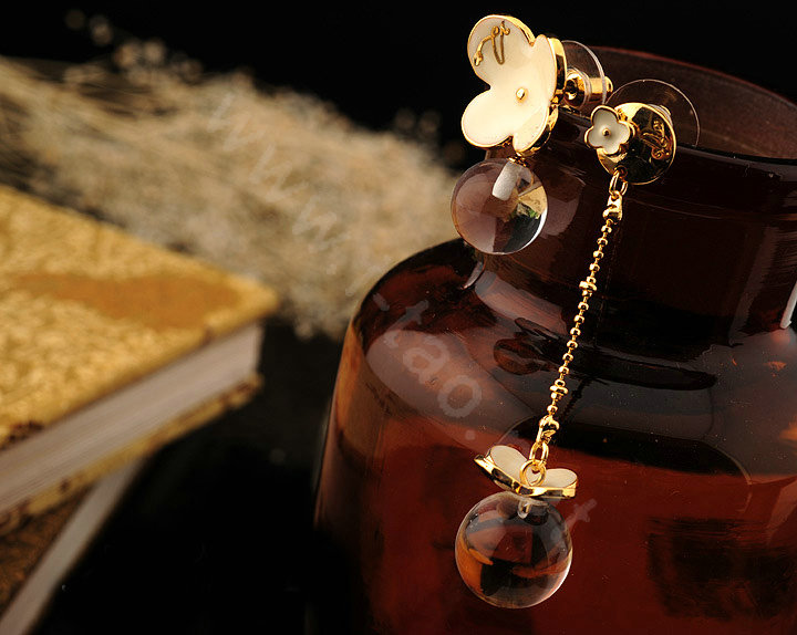 Classic fashion women exaggeration crystal ball flower long earrings gold plated - White