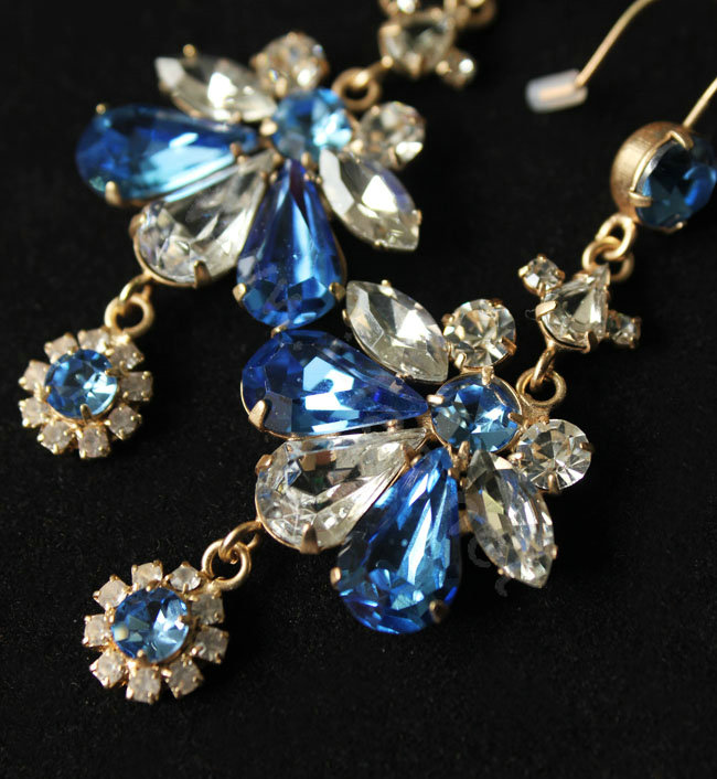 Luxury fashion women crystal diamond flower earrings 18k gold plated - Blue