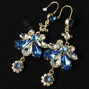 Luxury fashion women crystal diamond flower earrings 18k gold plated - Blue