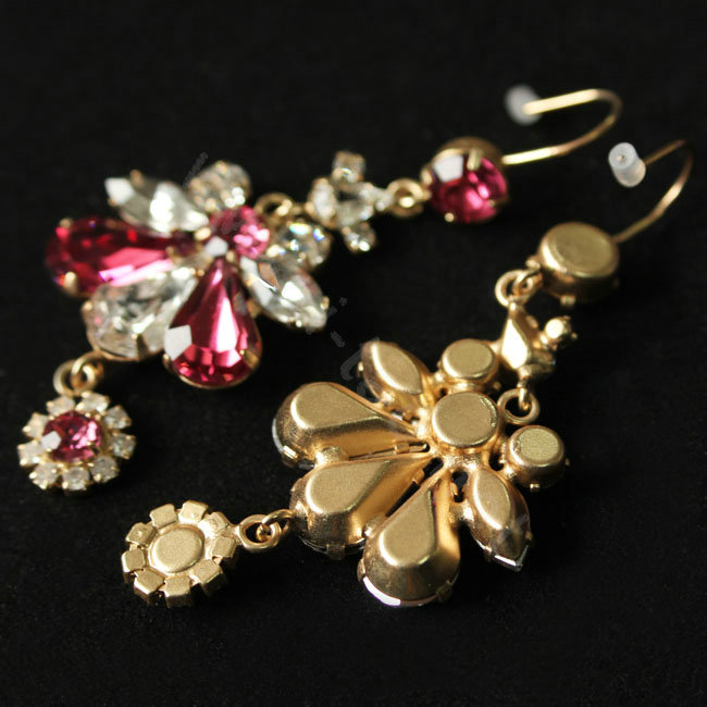 Luxury fashion women crystal diamond flower earrings 18k gold plated - Rose