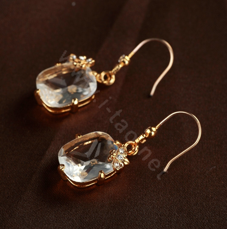 Luxury fashion women crystal diamond flower earrings 18k gold plated - White