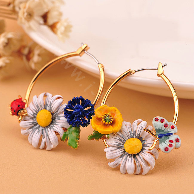 Luxury fashion women diamond crystal flower hoop earrings 18k gold plated - White