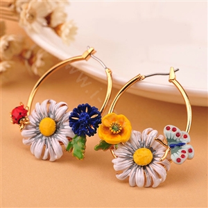 Luxury fashion women diamond crystal flower hoop earrings 18k gold plated - White