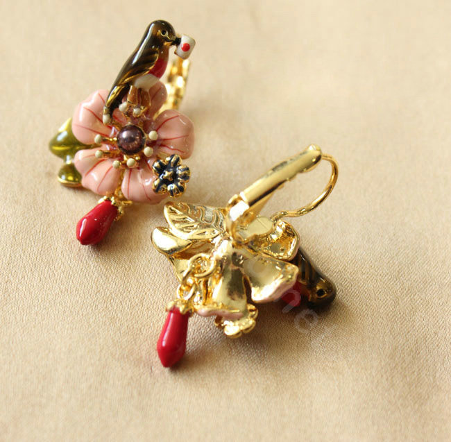 Luxury fashion women flower Bird crystal diamond earrings 18k gold plated - Pink