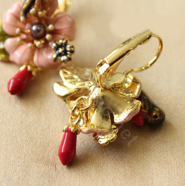 Luxury fashion women flower Bird crystal diamond earrings 18k gold plated - Pink