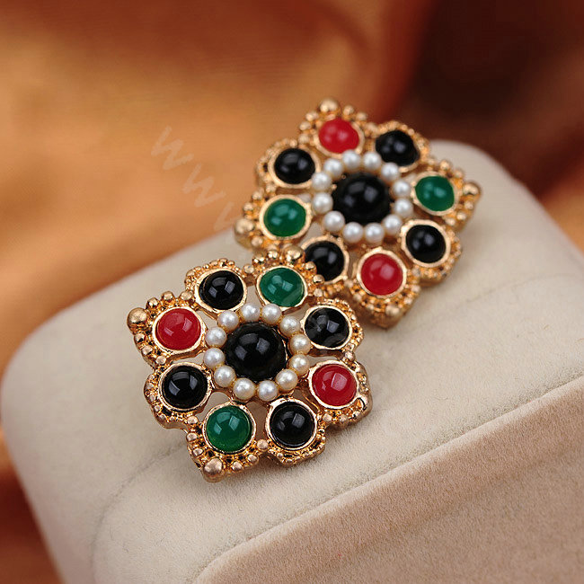 Luxury fashion women flower color gems pearls earrings 18k gold - Multicolor