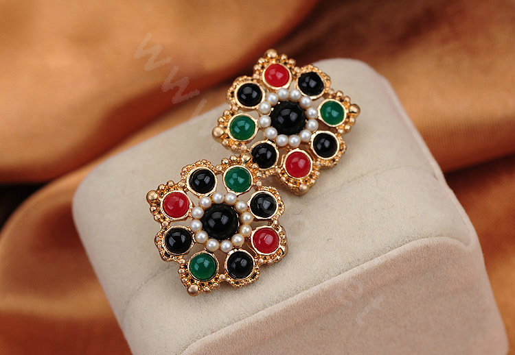 Luxury fashion women flower color gems pearls earrings 18k gold - Multicolor