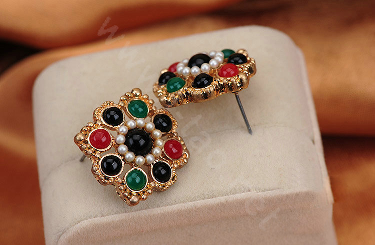 Luxury fashion women flower color gems pearls earrings 18k gold - Multicolor