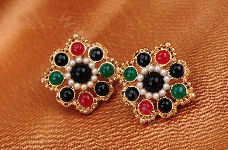 Luxury fashion women flower color gems pearls earrings 18k gold - Multicolor