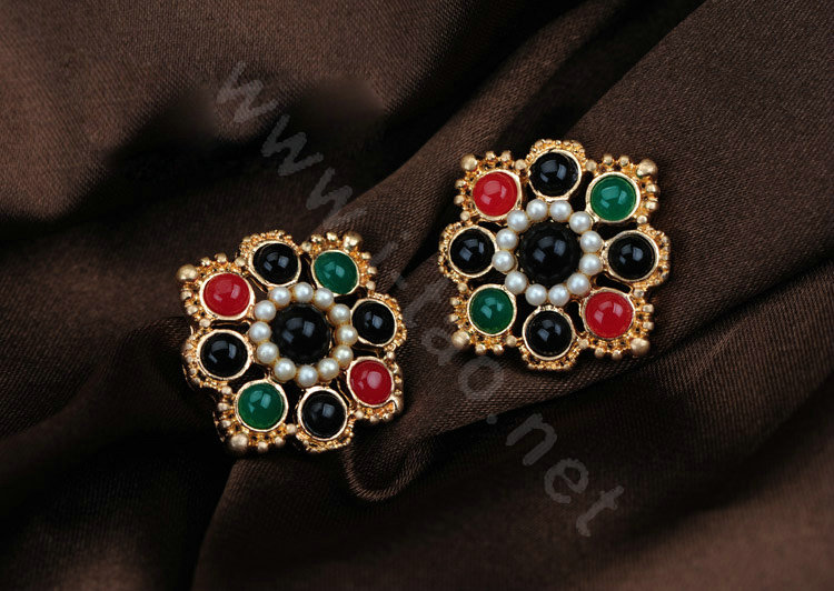Luxury fashion women flower color gems pearls earrings 18k gold - Multicolor