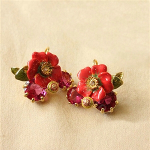 Luxury fashion women flower crystal diamond earrings 18k gold plated - Red