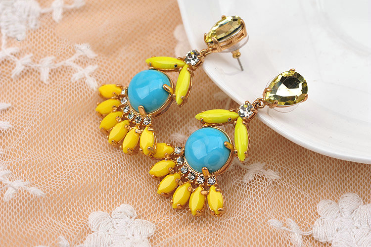 Luxury fashion women flower crystal diamond gems earrings - Yellow Blue