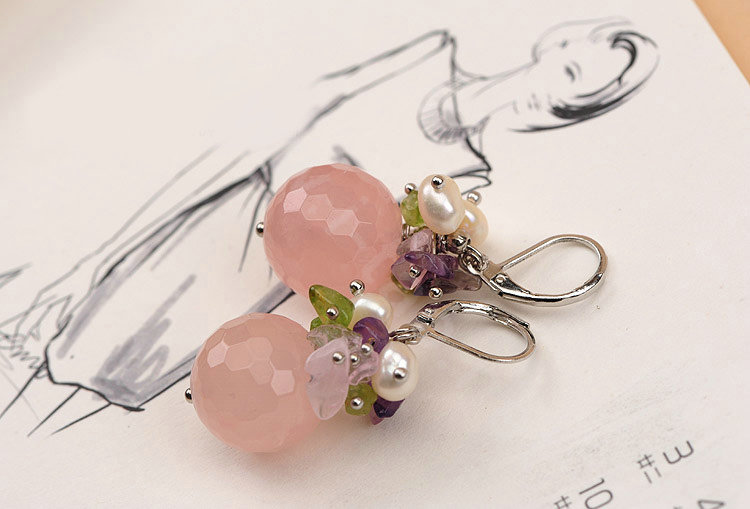 Luxury fashion women flower gems pearls earrings silver - Pink
