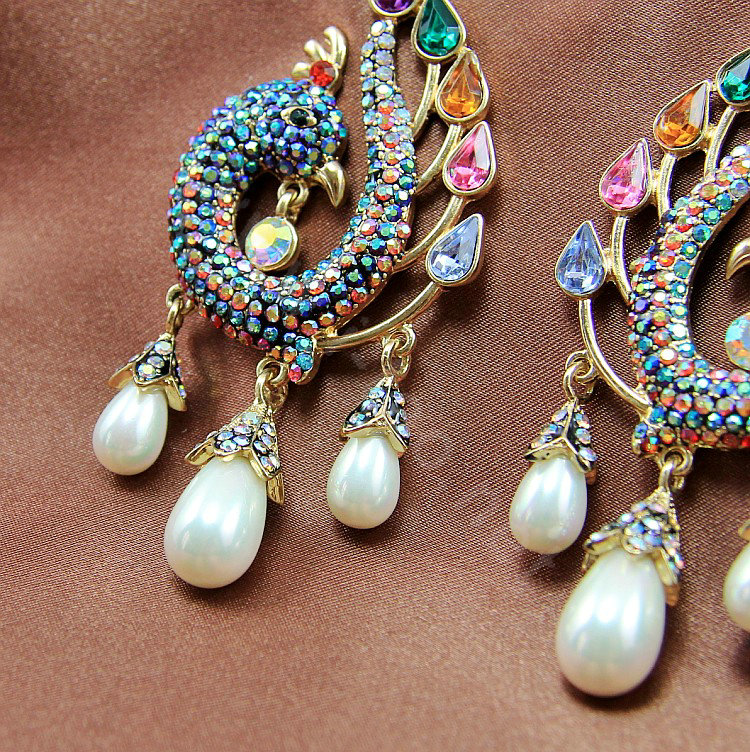 Luxury fashion women peacock crystal diamond earrings 18k gold plated - Multicolor