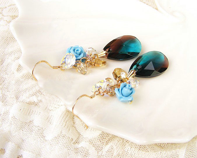 Luxury crystal bead diamond 925 sterling silver flower dangle earrings - Blue