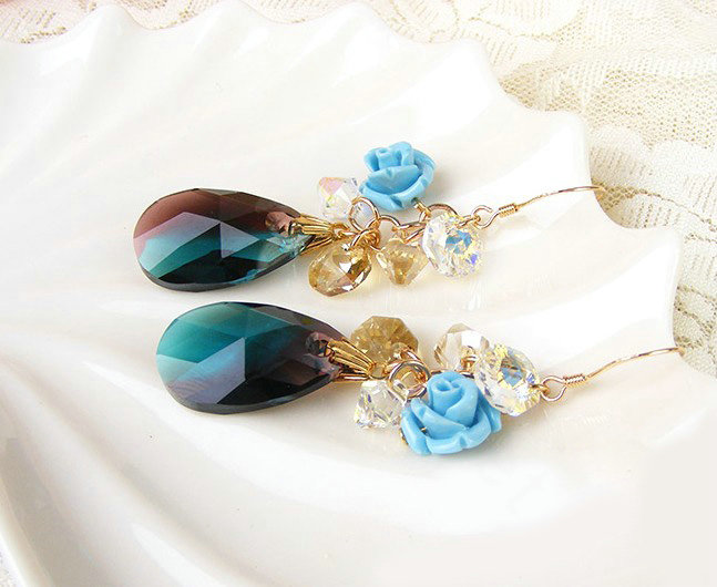 Luxury crystal bead diamond 925 sterling silver flower dangle earrings - Blue