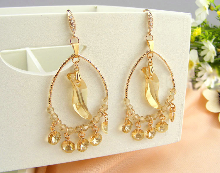Luxury crystal bead diamond 925 sterling silver large hoop earrings - Champagne