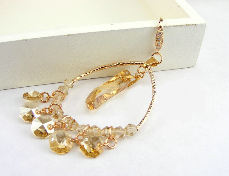Luxury crystal bead diamond 925 sterling silver large hoop earrings - Champagne