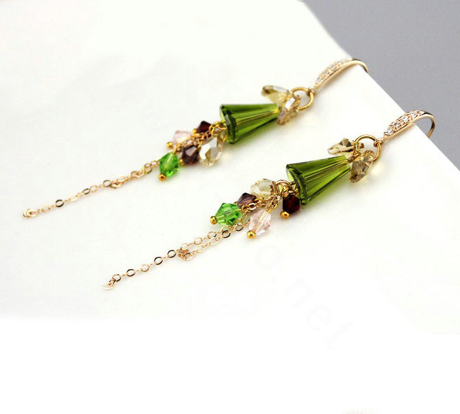 Luxury crystal bead diamond 925 sterling silver long tassel dangle earrings - Green