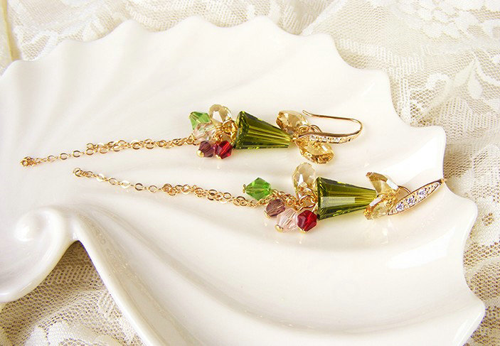 Luxury crystal bead diamond 925 sterling silver long tassel dangle earrings - Green