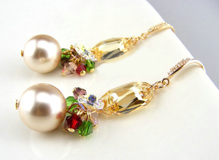 Luxury crystal bead diamond 925 sterling silver pearl dangle earrings - Champagne