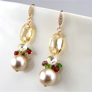 Luxury crystal bead diamond 925 sterling silver pearl dangle earrings - Champagne