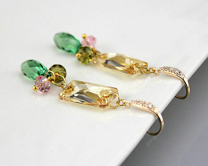 Luxury crystal bead diamond 925 sterling silver raindrop dangle earrings - Champagne