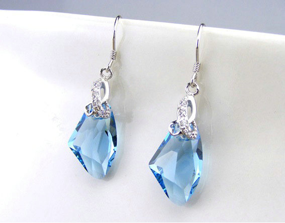 Luxury crystal diamond 925 sterling silver dangle earrings 4cm - Blue