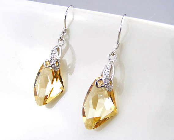 Luxury crystal diamond 925 sterling silver dangle earrings 4cm - Champagne