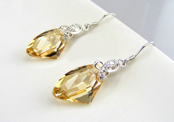 Luxury crystal diamond 925 sterling silver dangle earrings 4cm - Champagne
