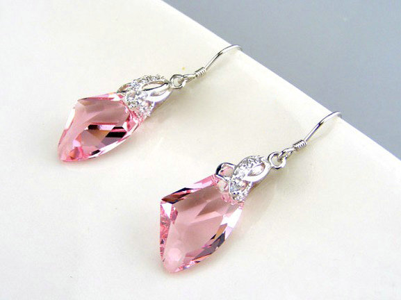 Luxury crystal diamond 925 sterling silver dangle earrings 4cm - Pink