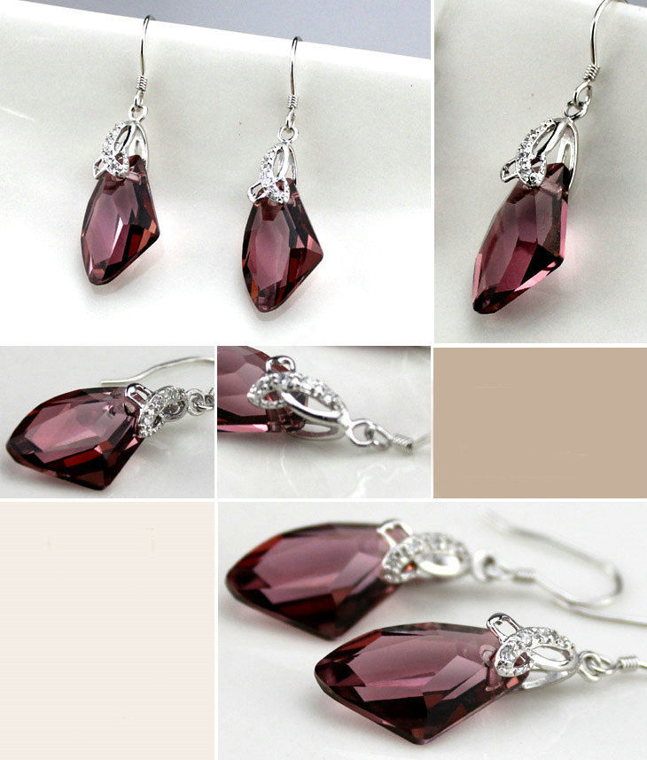 Luxury crystal diamond 925 sterling silver dangle earrings 4cm - Purple
