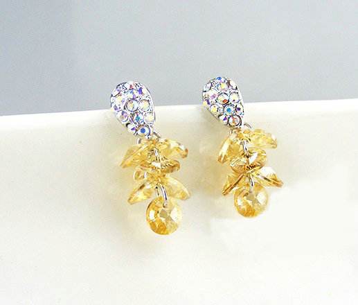 Luxury crystal diamond 925 sterling silver elegant dangle stud earrings - Champagne