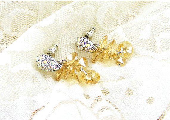 Luxury crystal diamond 925 sterling silver elegant dangle stud earrings - Champagne
