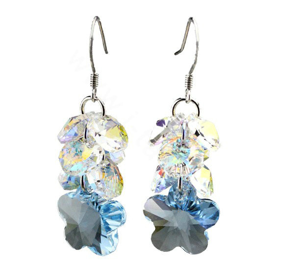 Luxury crystal diamond 925 sterling silver elegant flower dangle earrings - Blue