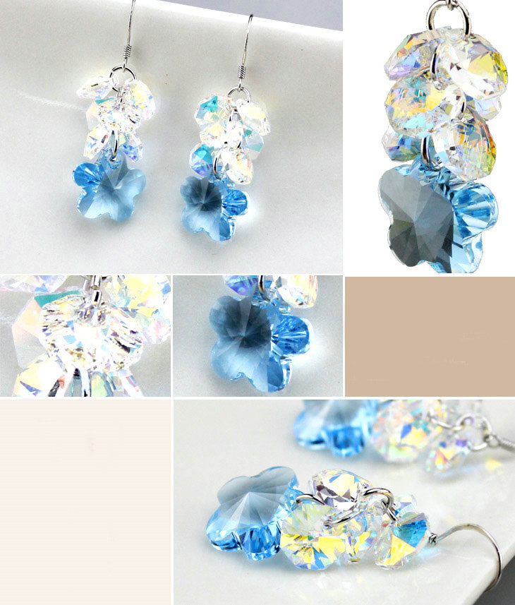 Luxury crystal diamond 925 sterling silver elegant flower dangle earrings - Blue