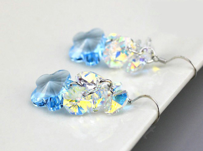 Luxury crystal diamond 925 sterling silver elegant flower dangle earrings - Blue