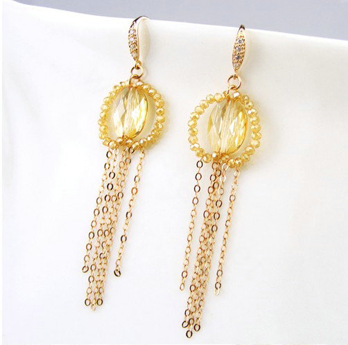 Luxury crystal diamond 925 sterling silver elegant long tassel dangle earrings - Champagne