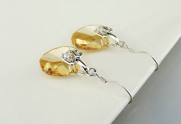 Luxury crystal diamond 925 sterling silver elegant simple dangle earrings - Champagne