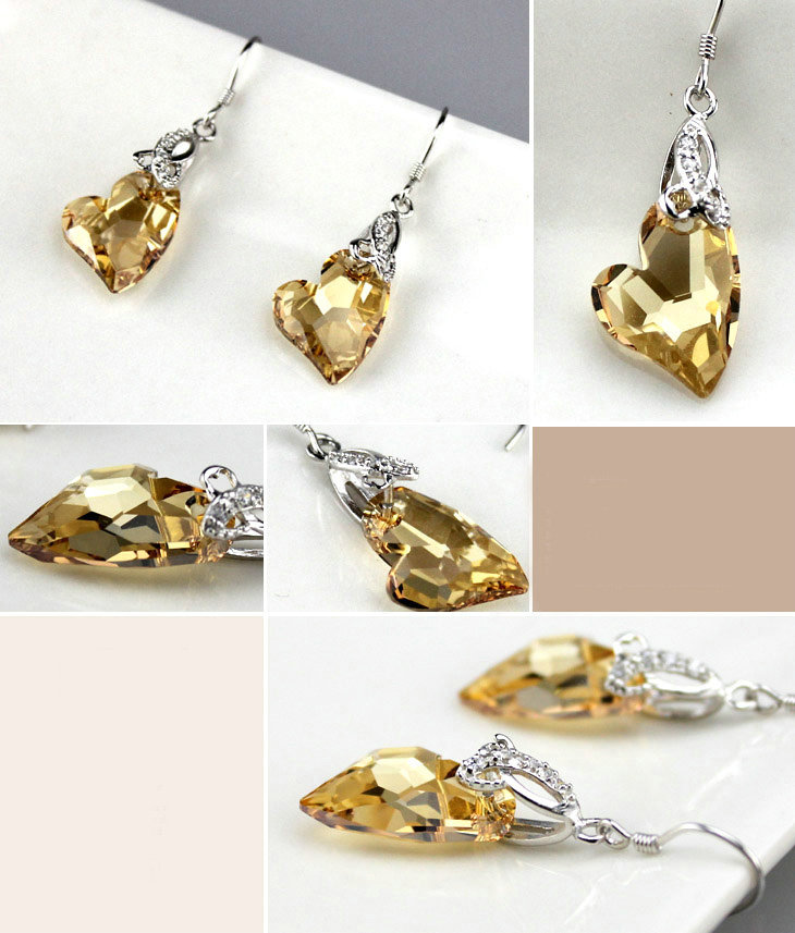 Luxury crystal diamond 925 sterling silver heart dangle earrings - Champagne