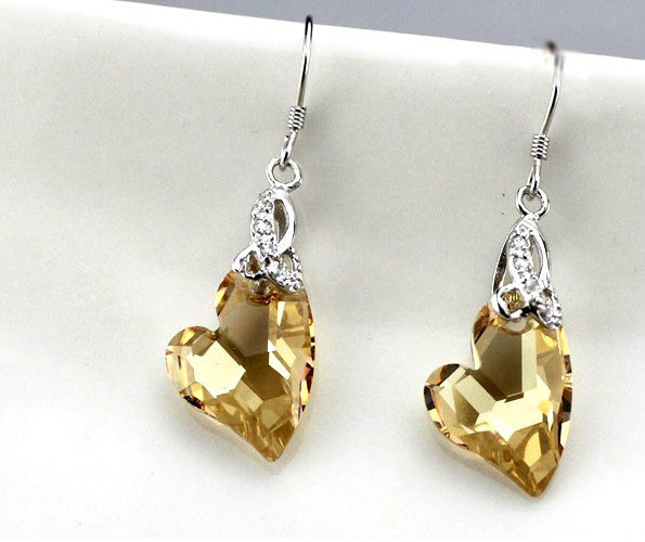 Luxury crystal diamond 925 sterling silver heart dangle earrings - Champagne