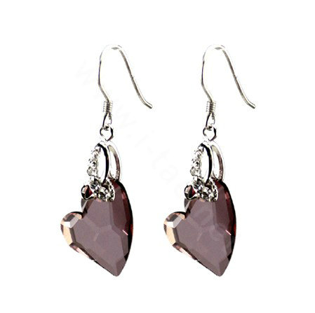 Luxury crystal diamond 925 sterling silver heart dangle earrings - Purple