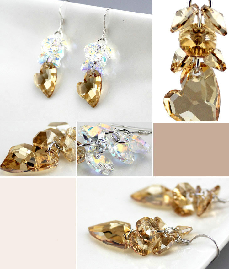 Luxury crystal diamond 925 sterling silver heart tassel dangle earrings - Champagne